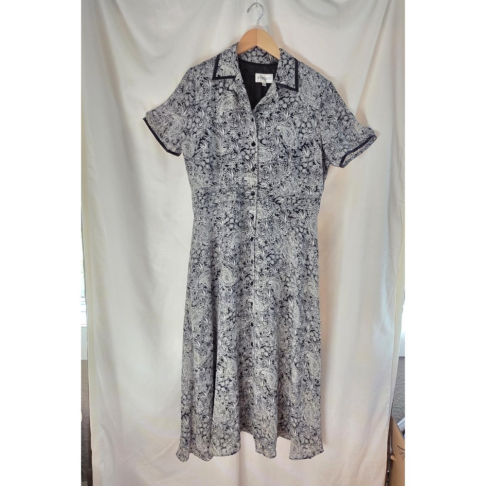Studio I Maxi Button Dress‎ 14 Black White Floral Paisley Lined A-Line Collared